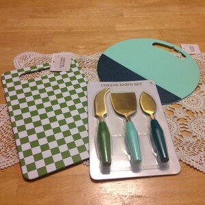 Farmhouse blue and green kitchen tools, cutting boards, cheese knives, c…